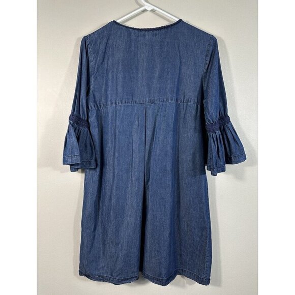 Max Studio Dress Womens Small Blue Shift Chambray Bell Sleeves Boho Embroidered - Picture 2 of 12
